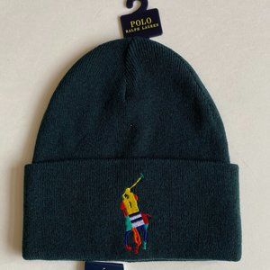 Polo Ralph Lauren Reversible Big Pony Knit Cuff Beanie Ski Hat Cap Green Orange